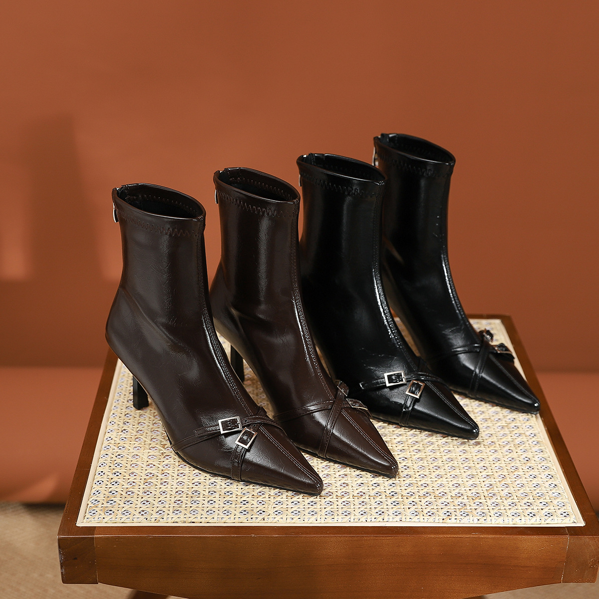 Black and brown patent pointed-toe ankle boots, style 10086-2