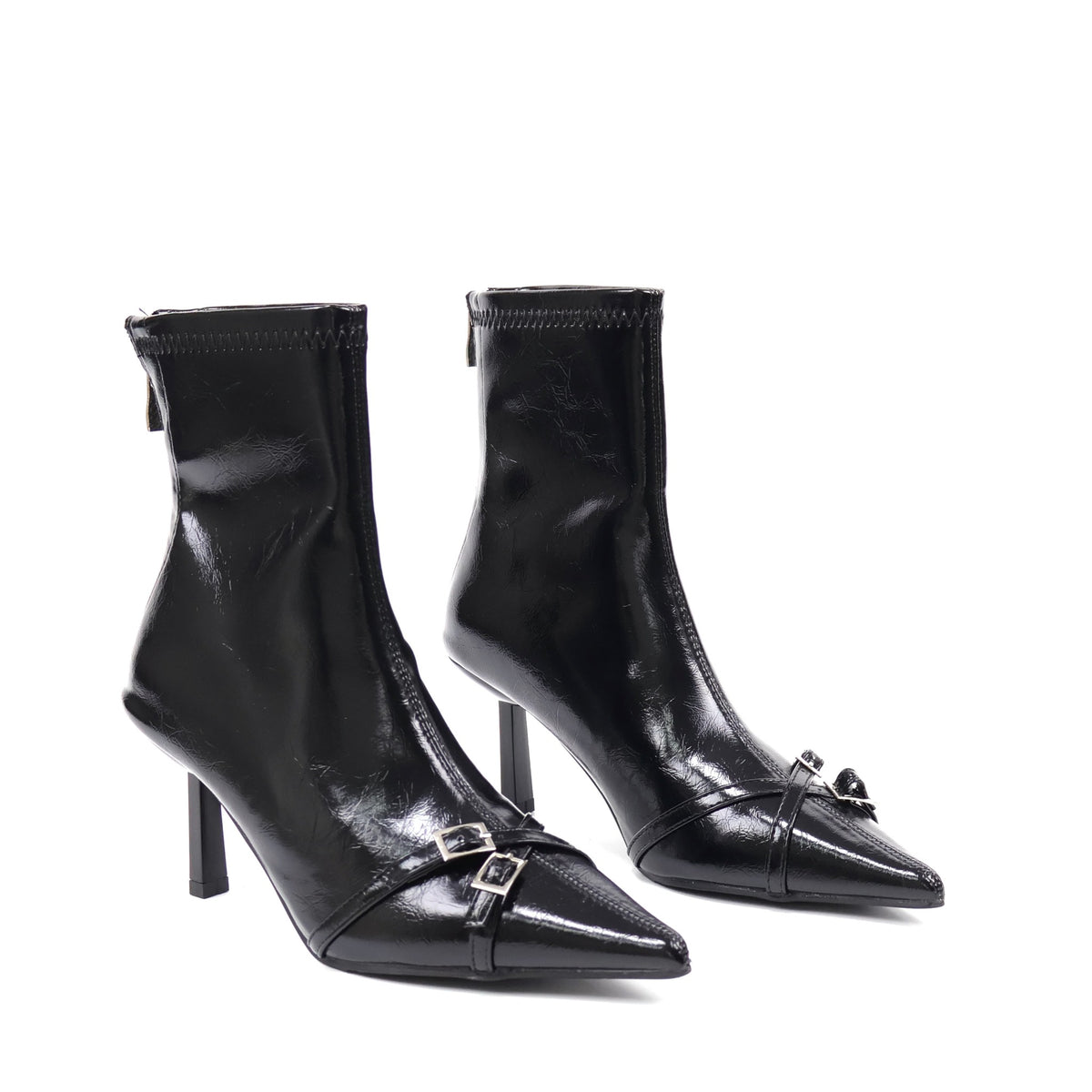 Black pointed-toe double-buckle ankle boots - studio view 1