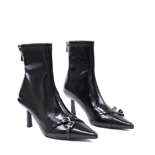 Black pointed-toe double-buckle ankle boots - studio view 1