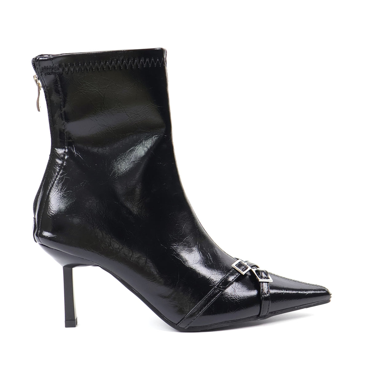 Black pointed-toe double-buckle ankle boots - studio view 3