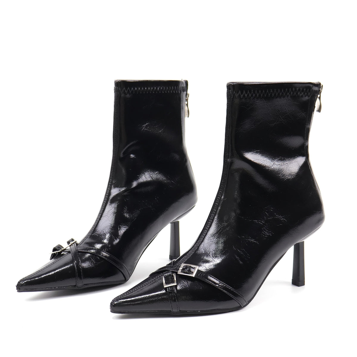 Black pointed-toe double-buckle ankle boots - studio view 5
