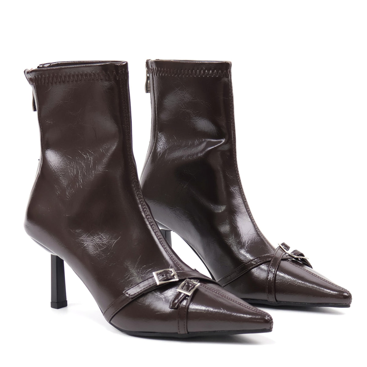 Brown pointed-toe double-buckle ankle boots - studio view 1