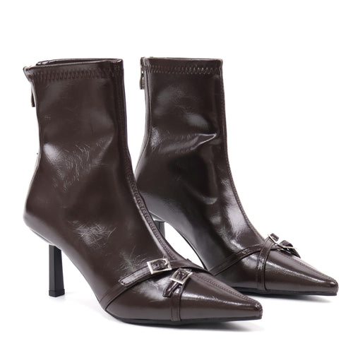 Brown pointed-toe double-buckle ankle boots - studio view 1