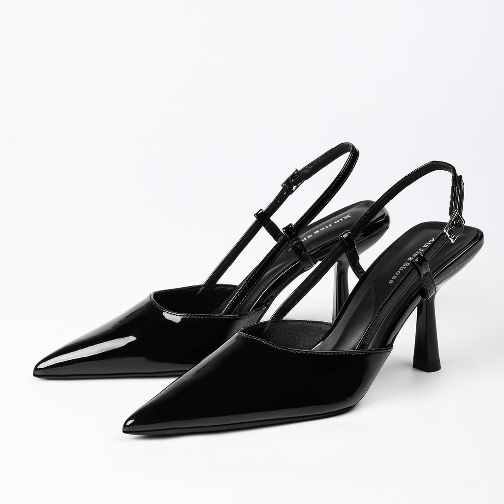 Black patent pointed-toe slingback pumps product view 1