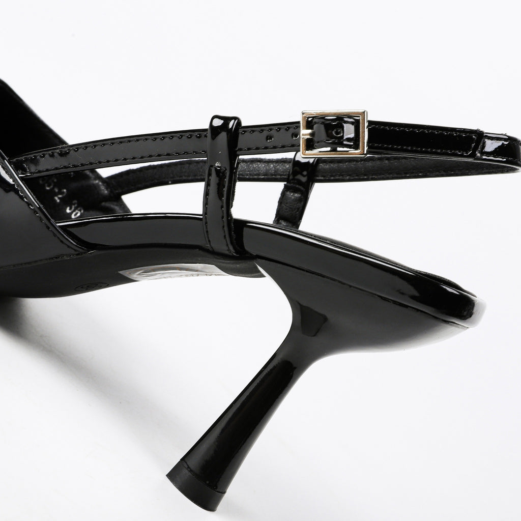 Black patent slingback pumps detail view 1