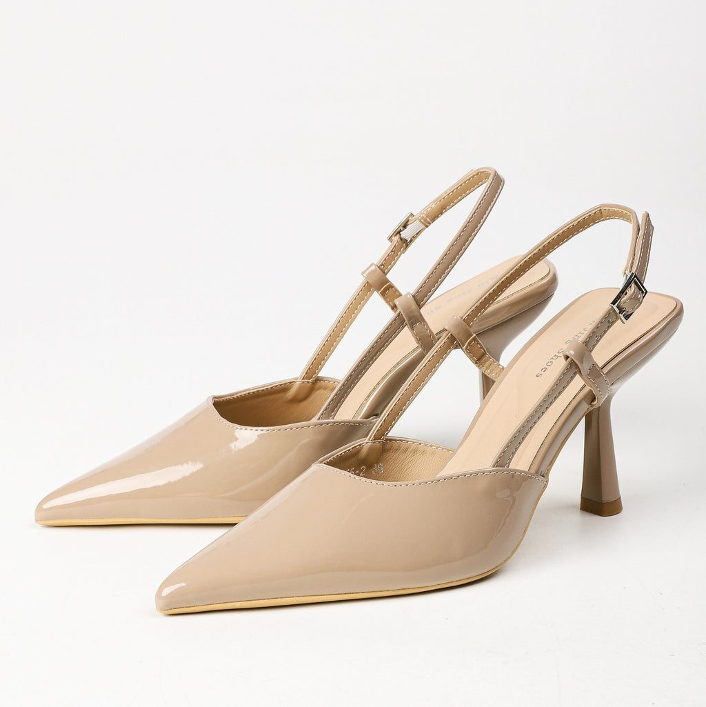 Khaki patent pointed-toe slingback pumps product view 1