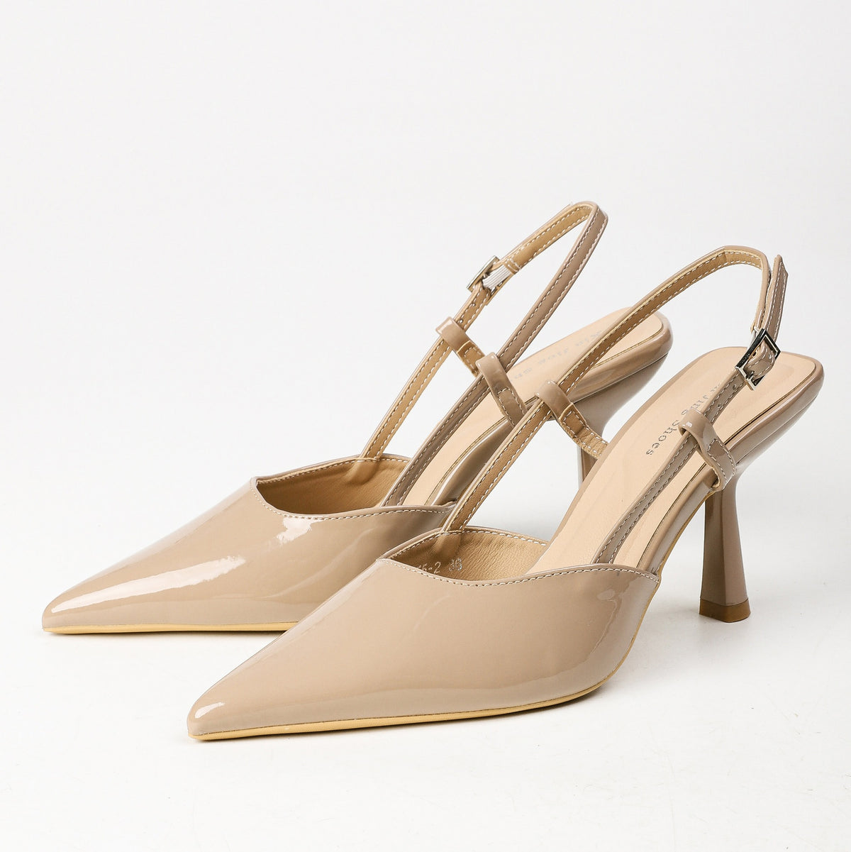 Khaki patent pointed-toe slingback pumps product view 1