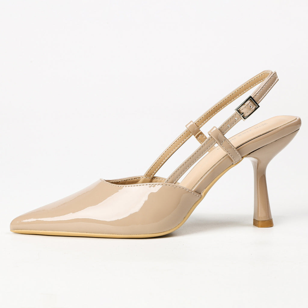 Khaki patent pointed-toe slingback pumps product view 2
