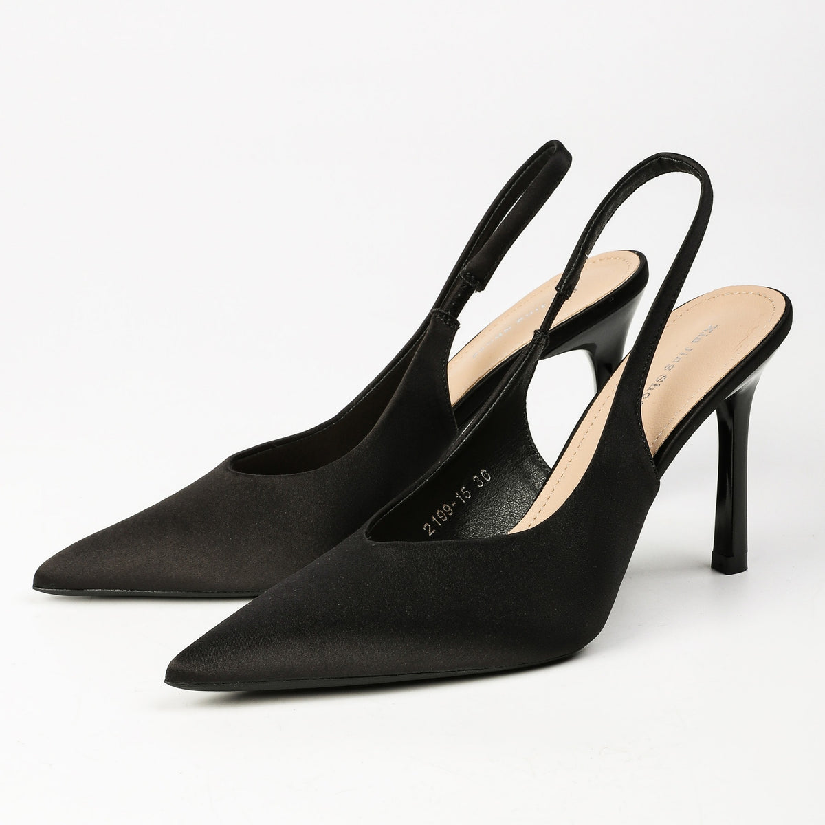 Black satin pointed-toe slingback pumps product view 1