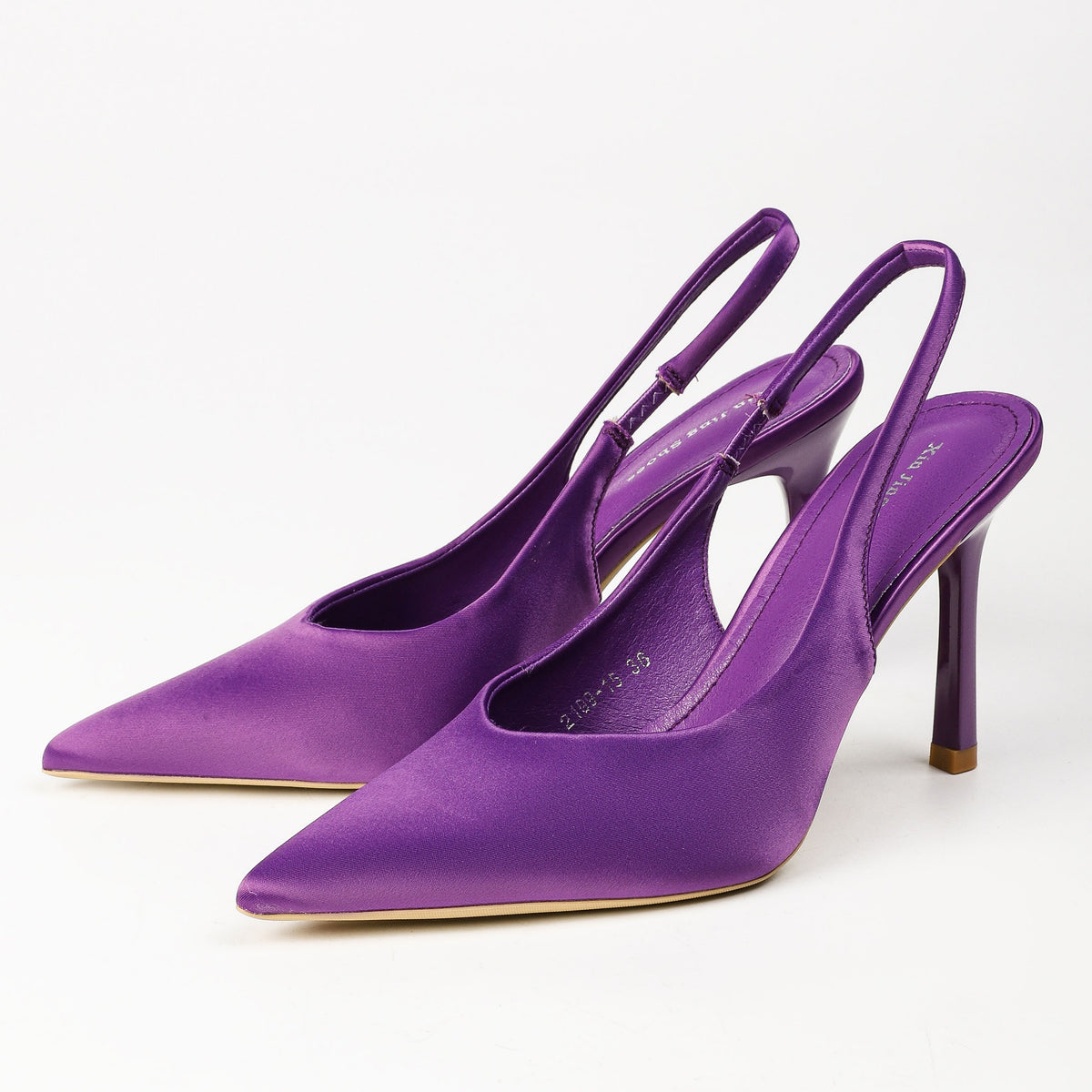 Purple satin pointed-toe slingback pumps product view 1