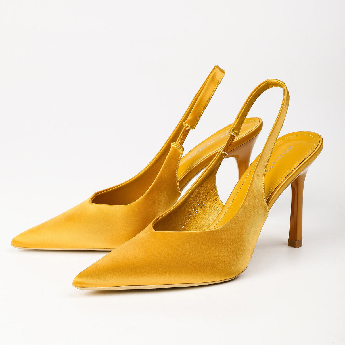 Yellow satin pointed-toe slingback pumps product view 1