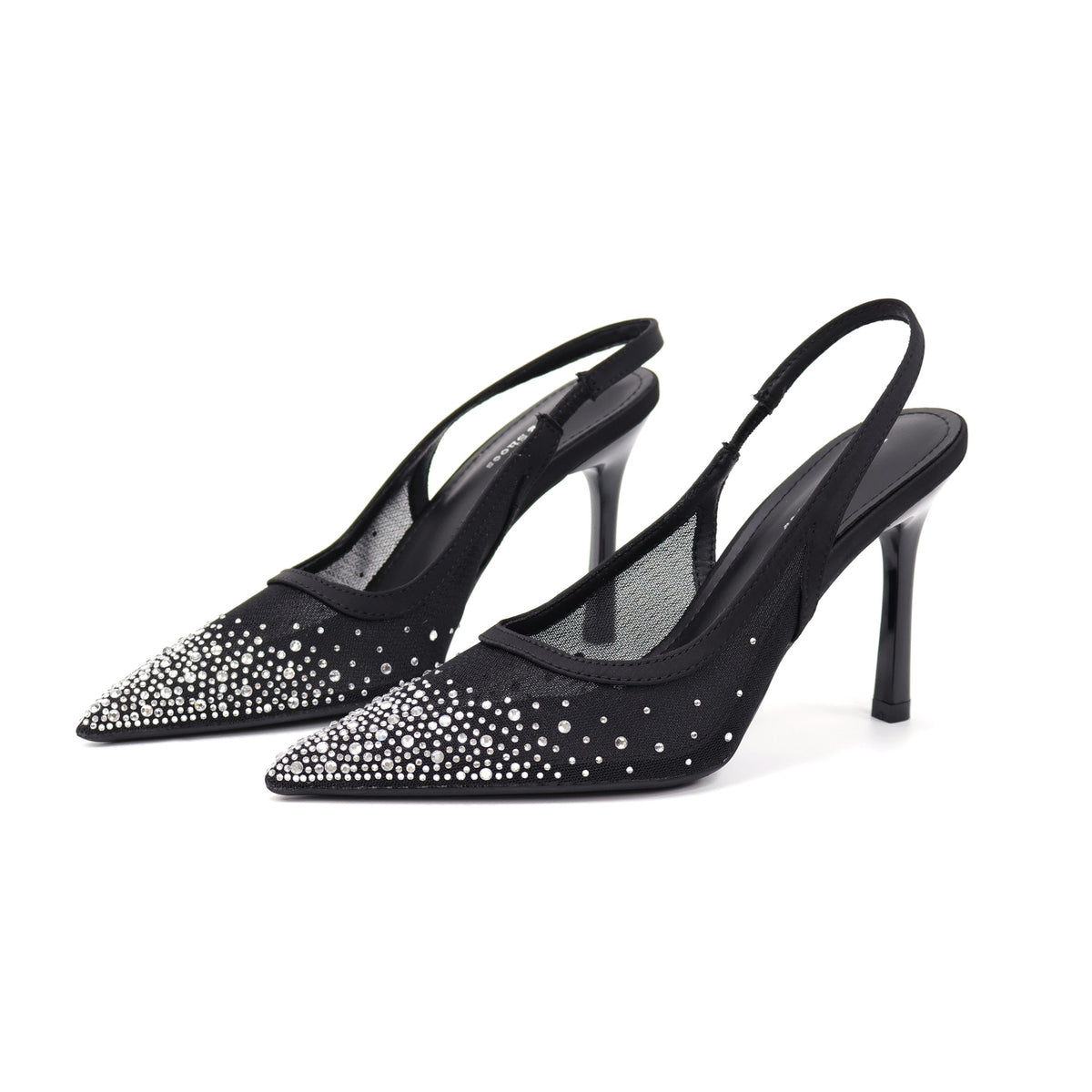 2199-16 Black crystal-embellished mesh slingback heels - white background 1