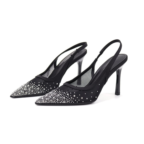 2199-16 Black crystal-embellished mesh slingback heels - white background 1