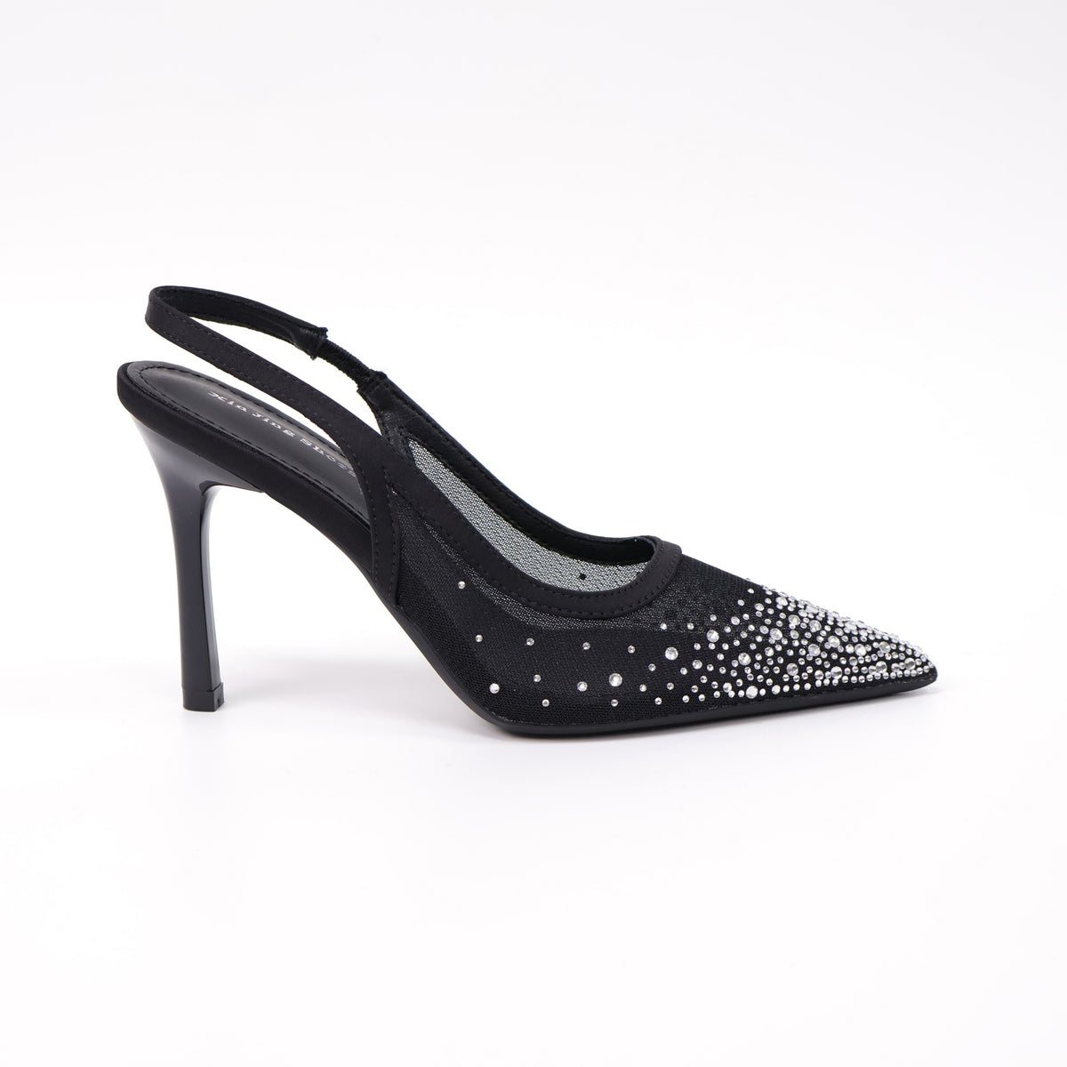 2199-16 Black crystal-embellished mesh slingback heels - white background 2