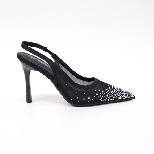 2199-16 Black crystal-embellished mesh slingback heels - white background 2
