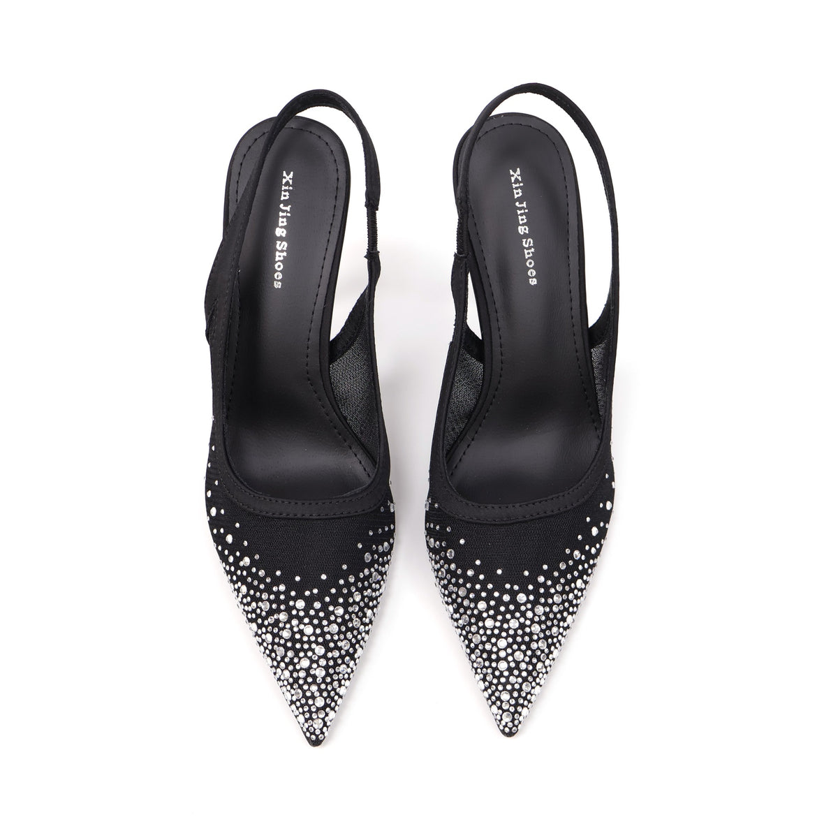 2199-16 Black crystal-embellished mesh slingback heels - white background 3