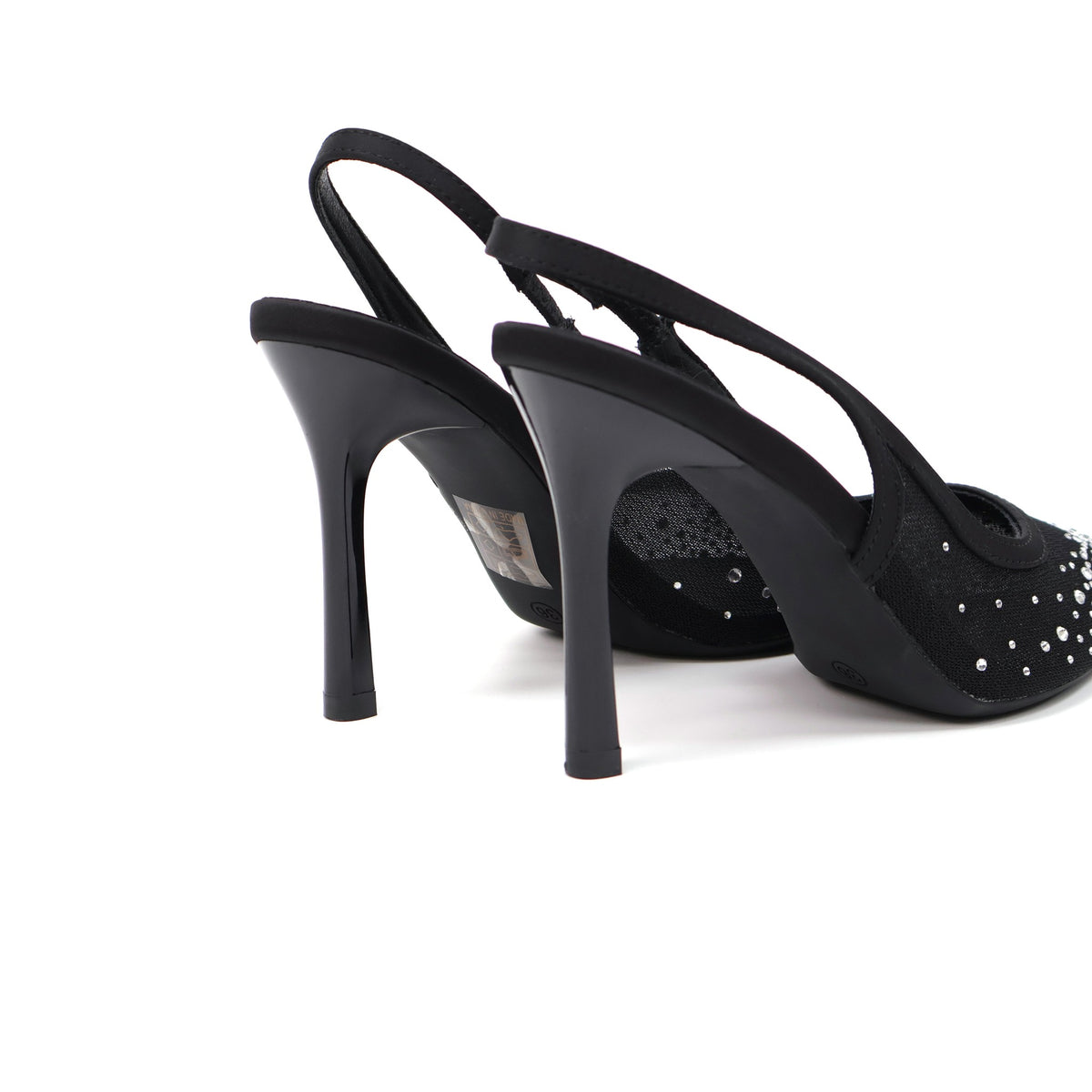 2199-16 Black crystal-embellished mesh slingback heels - white background 5