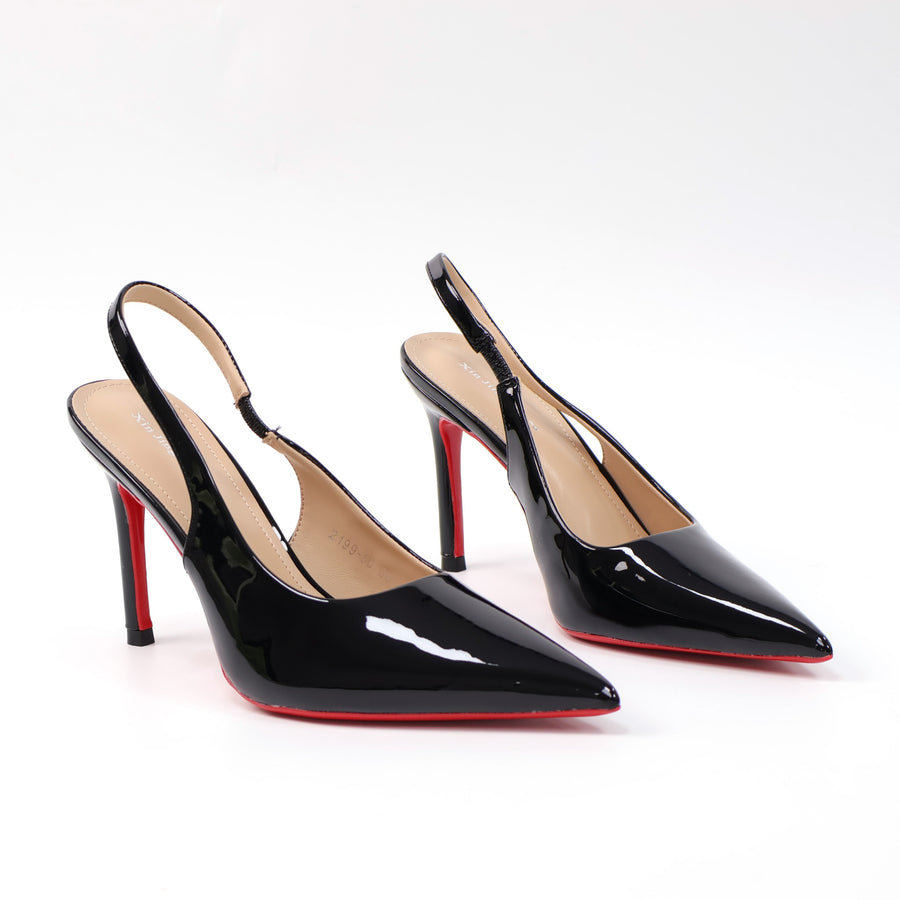 Black pointed-toe patent slingback stiletto pumps