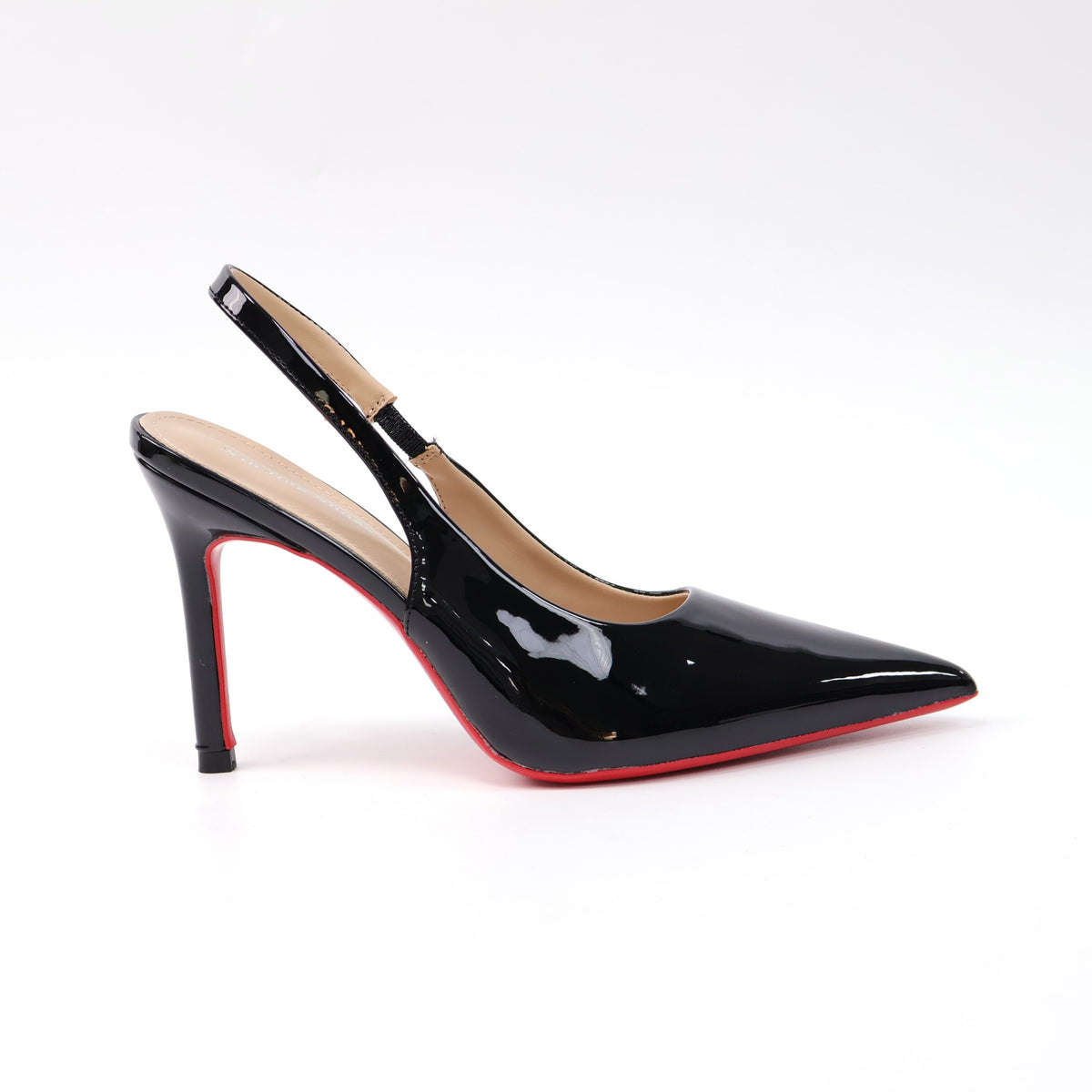 Black pointed-toe patent slingback stiletto pumps
