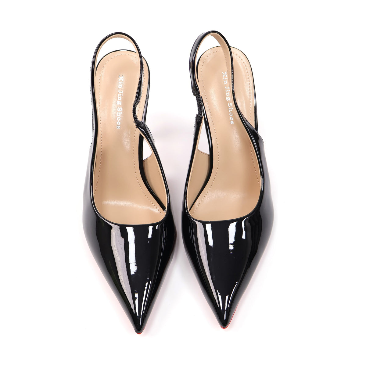 Black pointed-toe patent slingback stiletto pumps