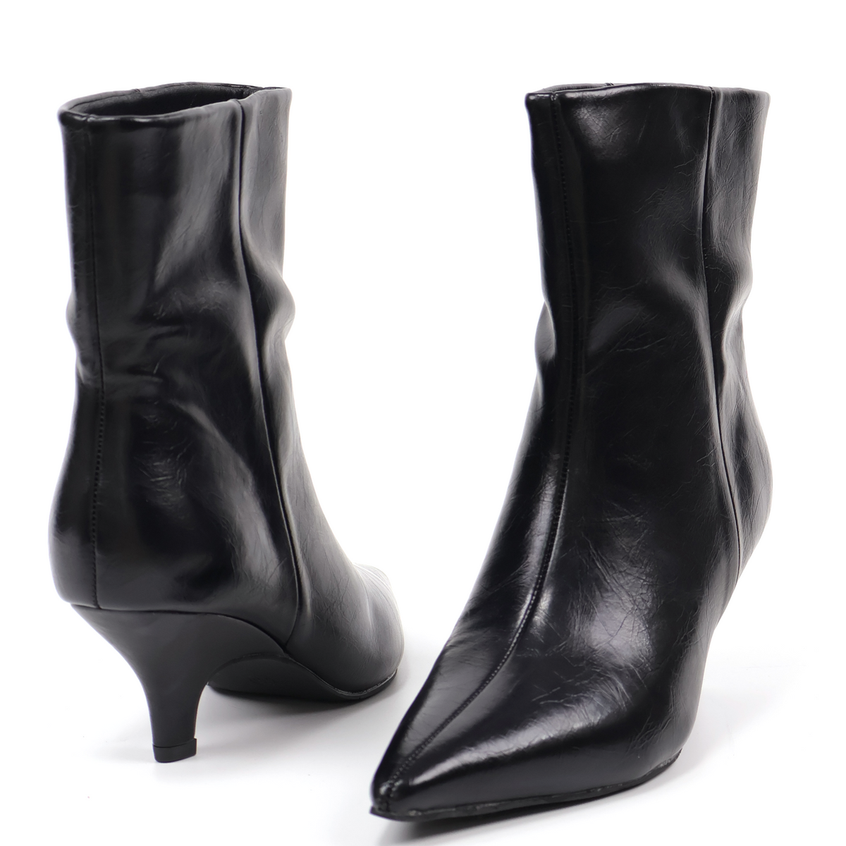 Pointed-Toe PU Slim-Heel Ankle Boots - Black