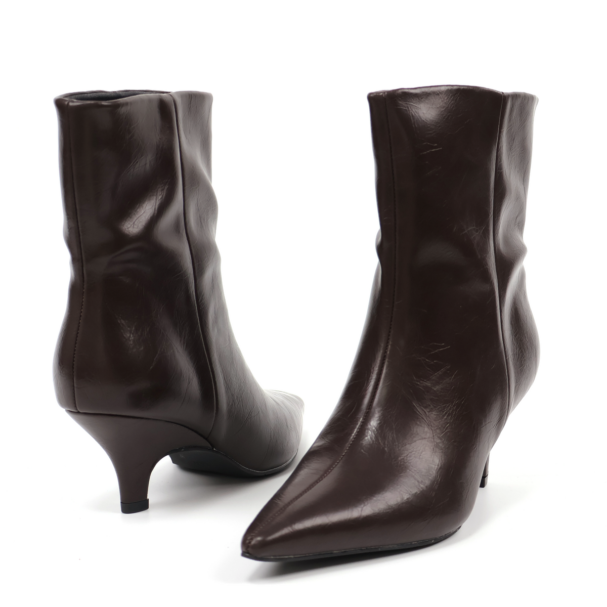 Pointed-Toe PU Slim-Heel Ankle Boots - Brown