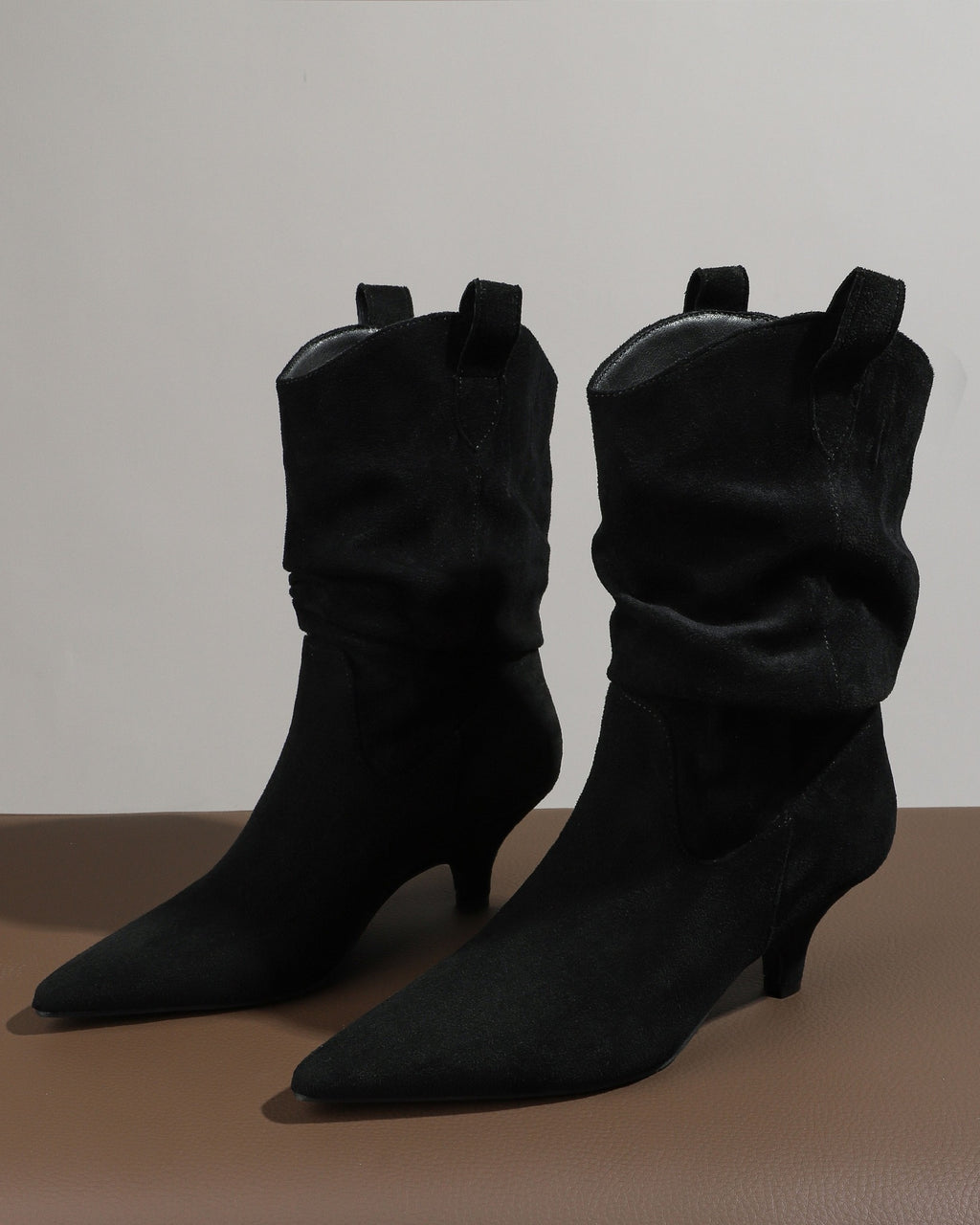 Black pointed toe slouchy fabric ankle boots view 2