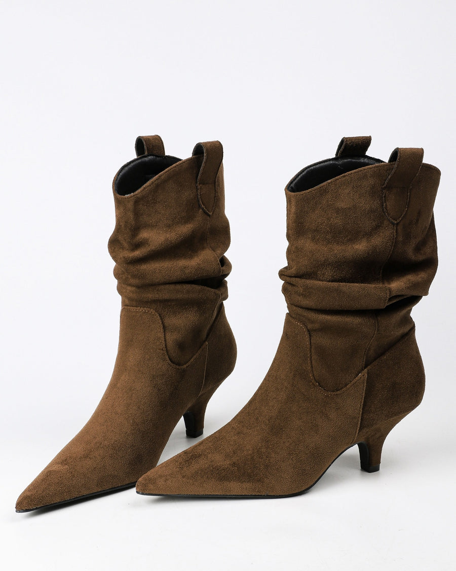 Brown pointed toe slouchy fabric ankle boots view 1