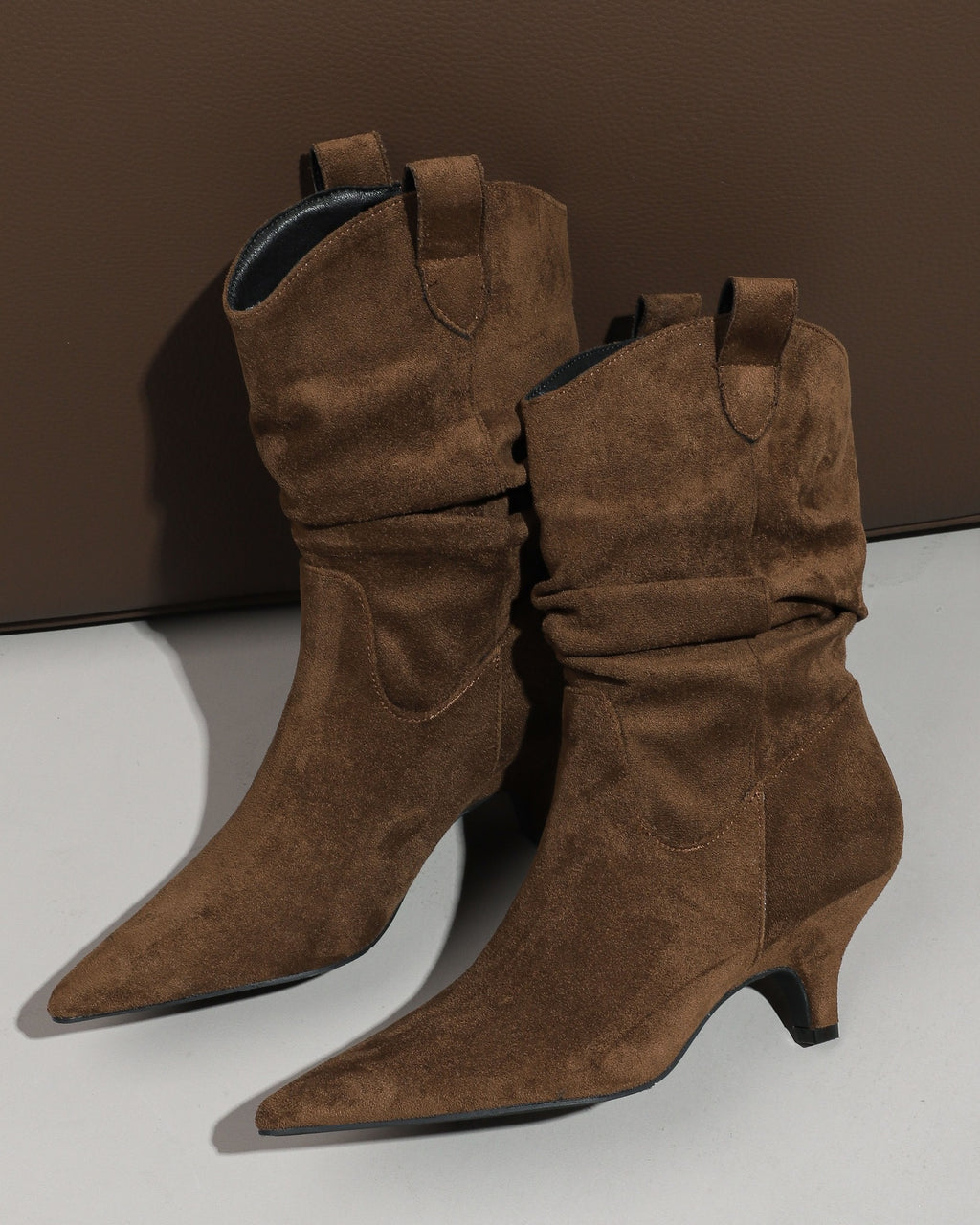 Brown pointed toe slouchy fabric ankle boots view 2