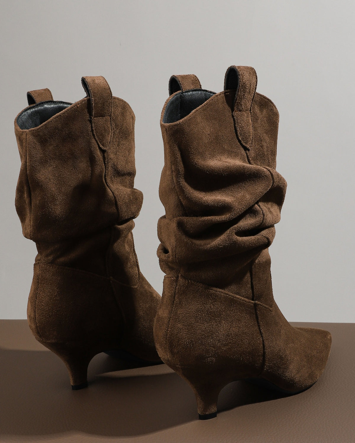 Brown pointed toe slouchy fabric ankle boots view 4
