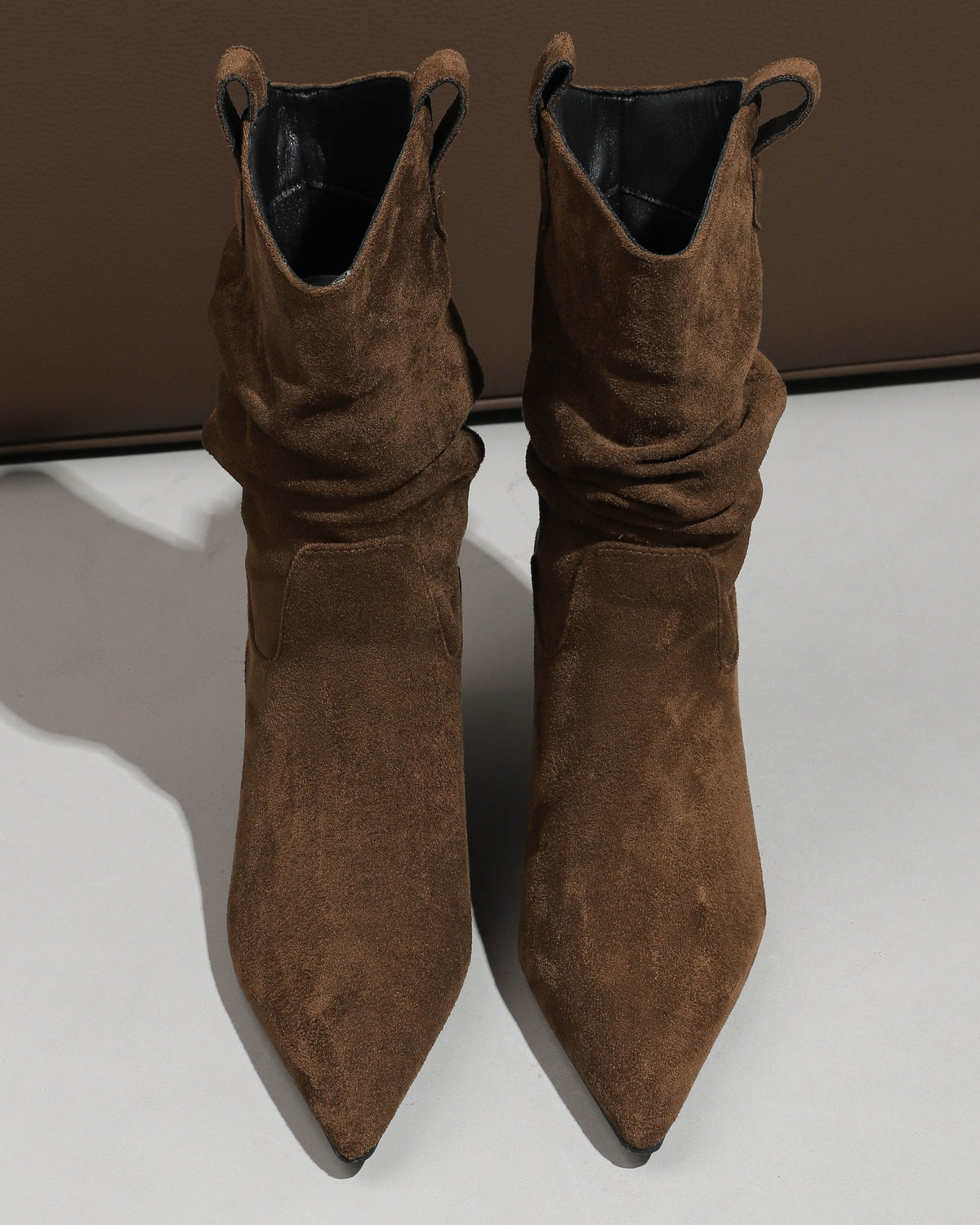 Brown pointed toe slouchy fabric ankle boots view 5