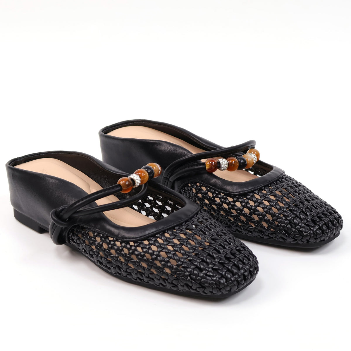 Black square-toe woven beaded hidden-wedge mules