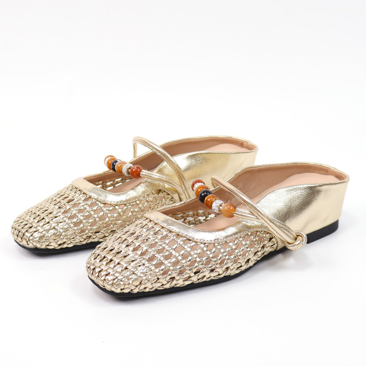 Gold square-toe woven beaded hidden-wedge mules
