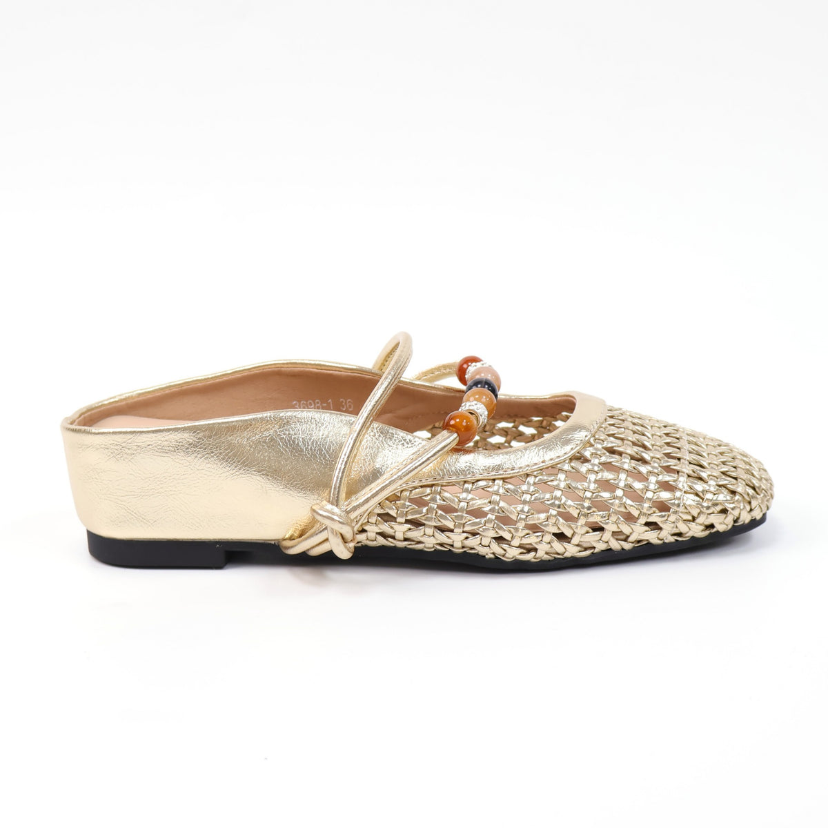 Gold square-toe woven beaded hidden-wedge mules