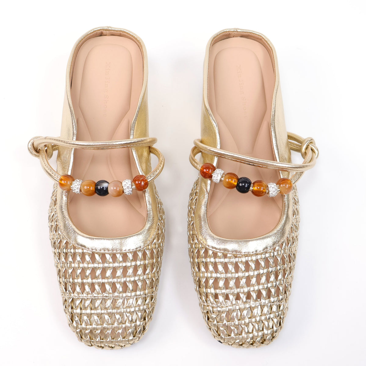 Gold square-toe woven beaded hidden-wedge mules