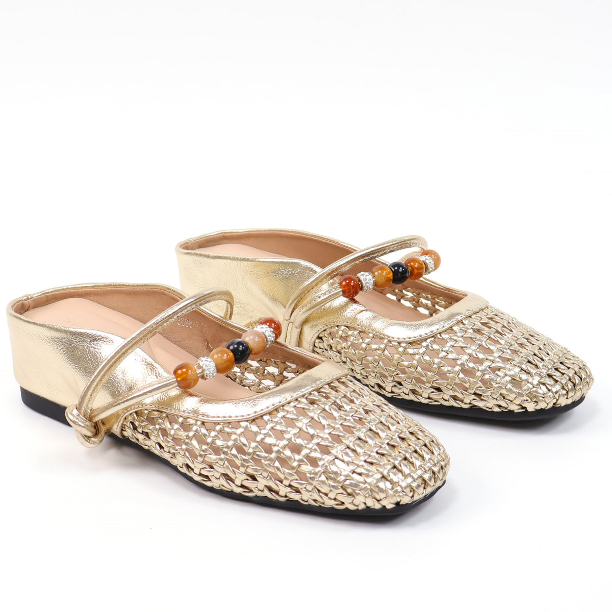 Gold square-toe woven beaded hidden-wedge mules