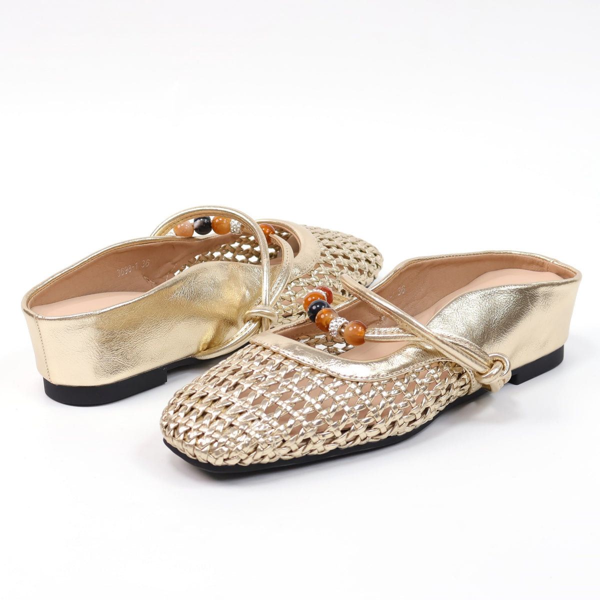 Gold square-toe woven beaded hidden-wedge mules