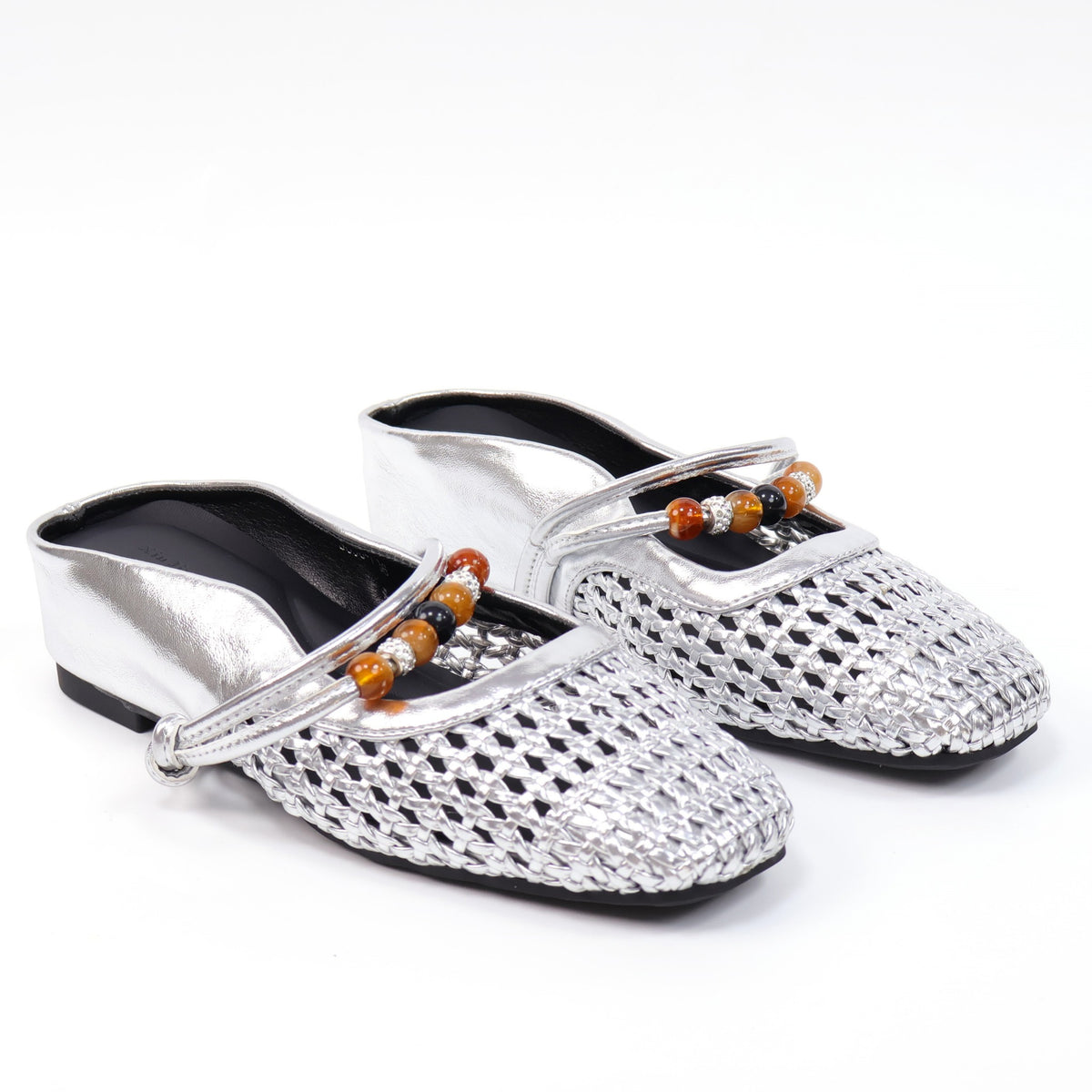 Silver square-toe woven beaded hidden-wedge mules