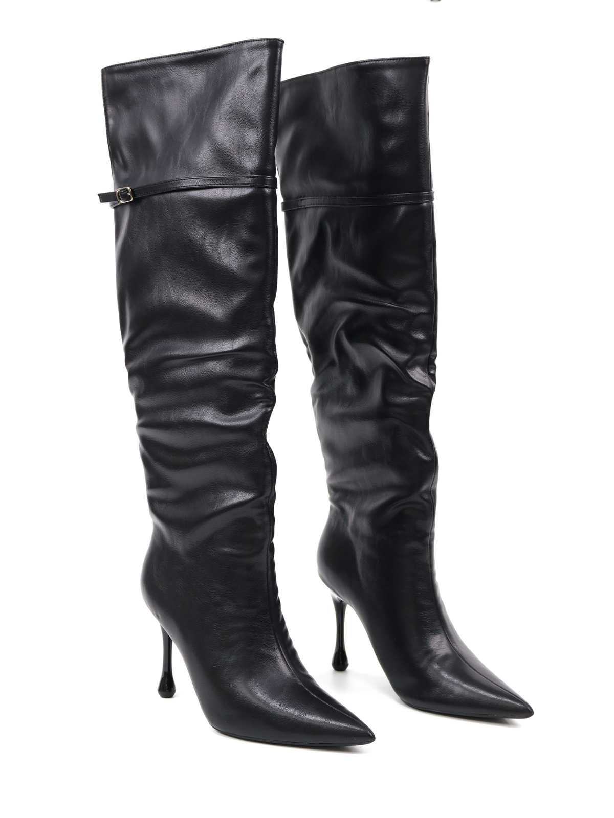 Pointed-Toe Buckled Fold-Over PU Knee-High Boots - Black