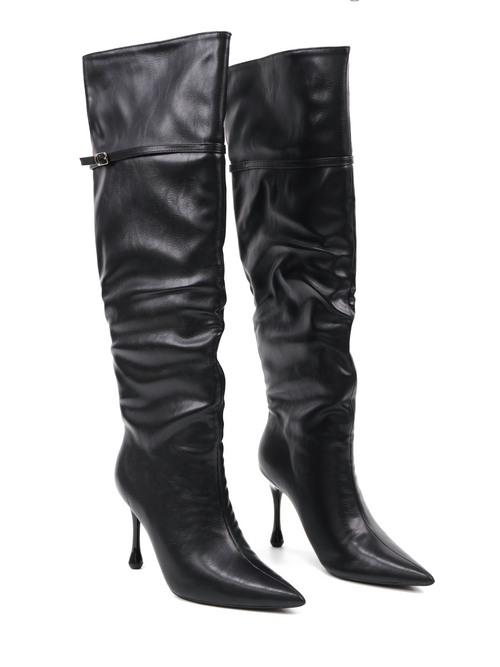 Pointed-Toe Buckled Fold-Over PU Knee-High Boots - Black