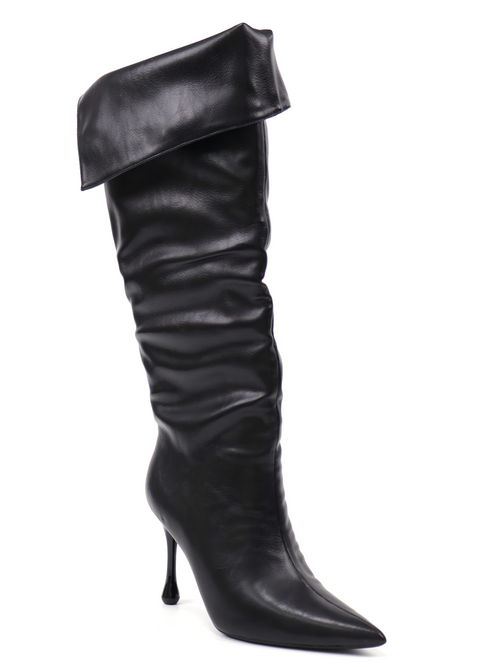 Pointed-Toe Buckled Fold-Over PU Knee-High Boots - Black