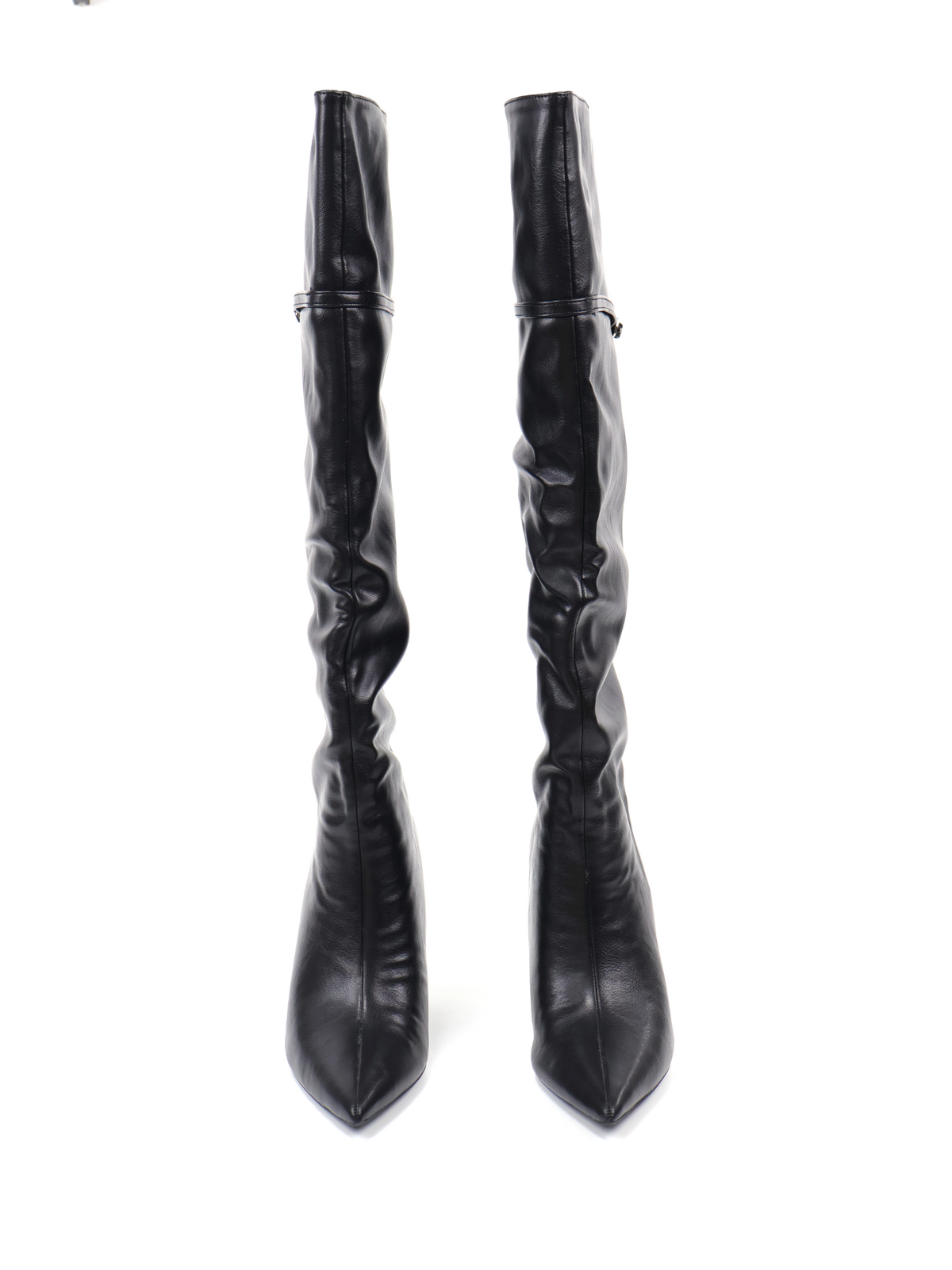 Pointed-Toe Buckled Fold-Over PU Knee-High Boots - Black