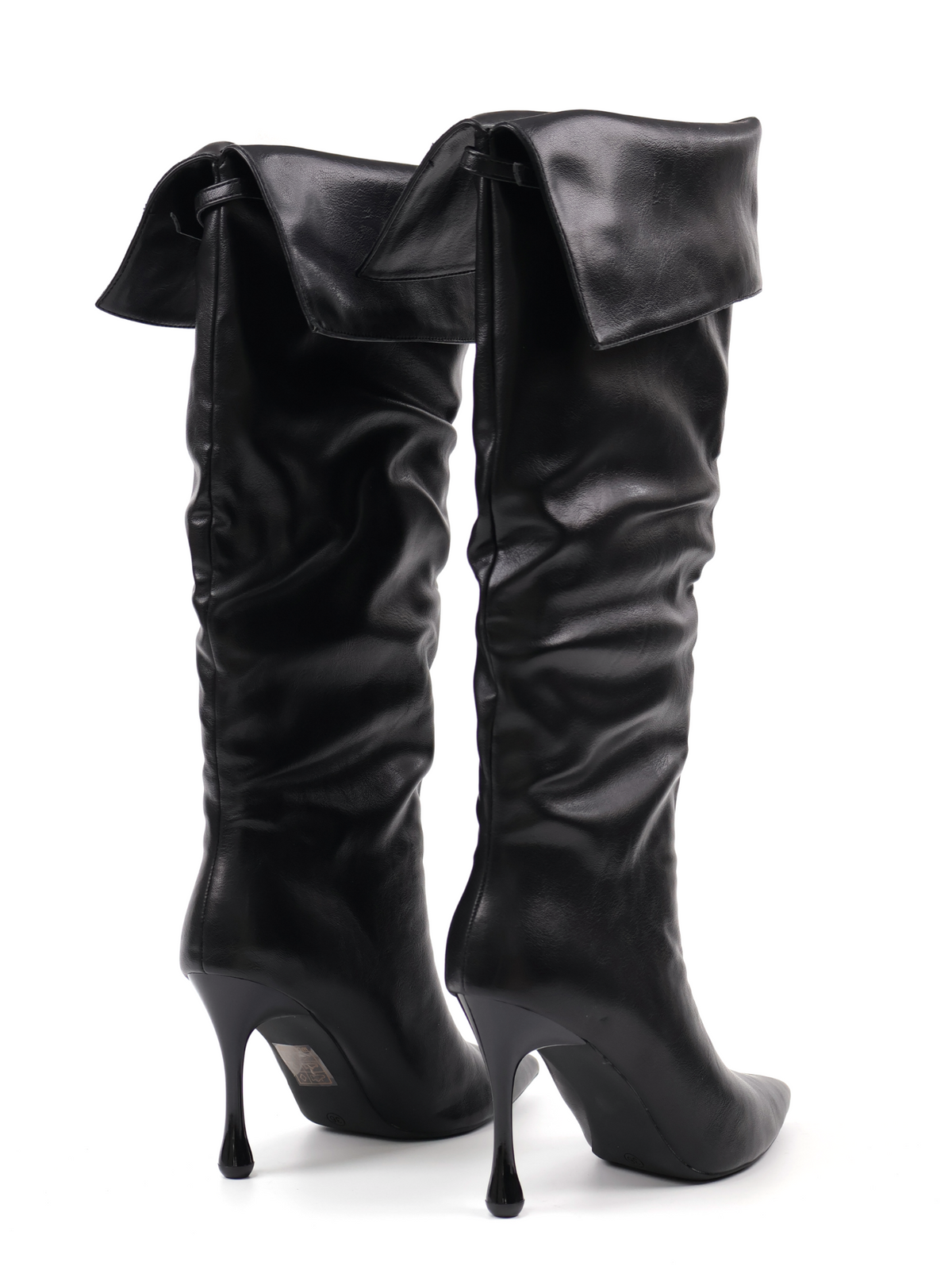 Pointed-Toe Buckled Fold-Over PU Knee-High Boots - Black