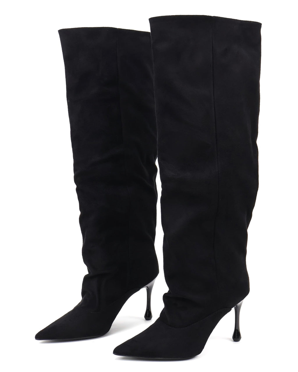 Black pointed-toe slouch stiletto knee-high boots pair