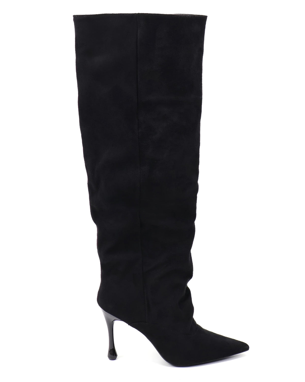 Black pointed-toe slouch stiletto knee-high boots side view