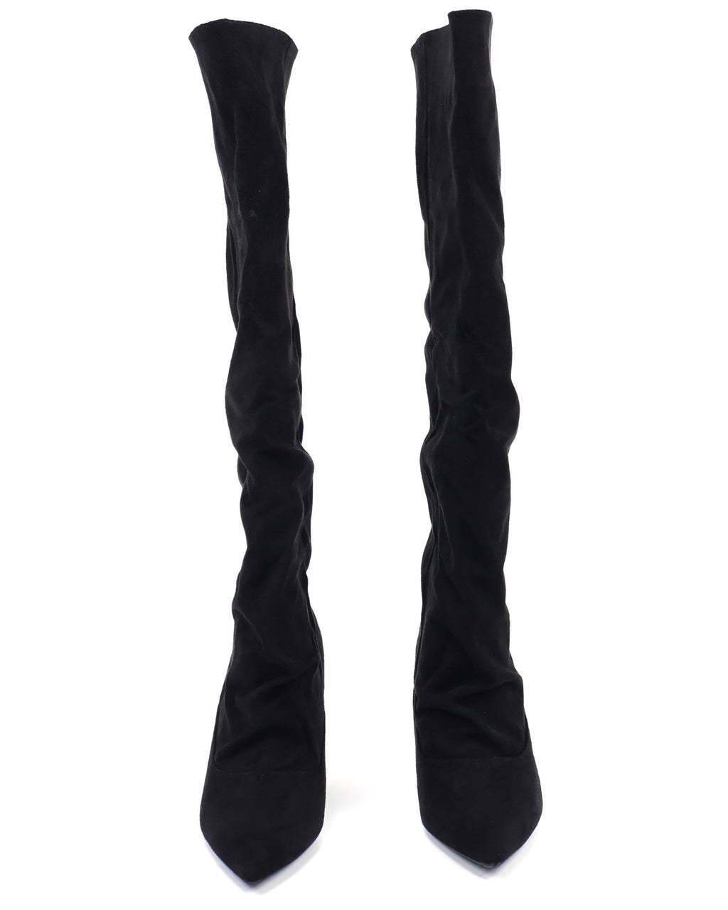 Black pointed-toe slouch stiletto knee-high boots front view