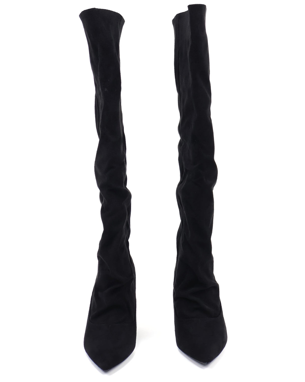 Black pointed-toe slouch stiletto knee-high boots front view