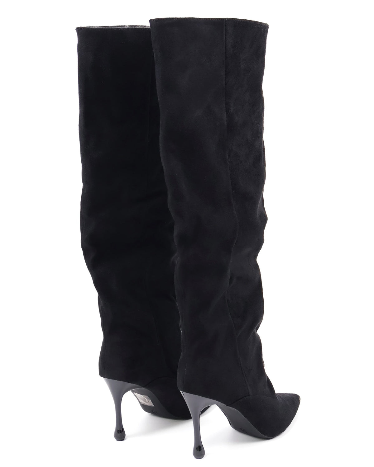 Black pointed-toe slouch stiletto knee-high boots rear view