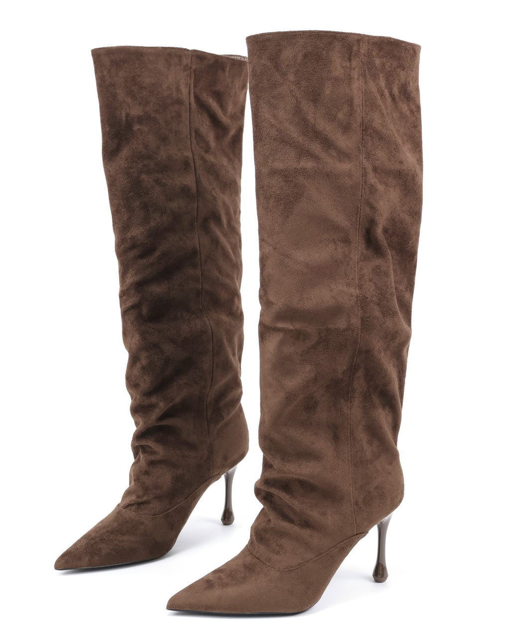 Brown pointed-toe slouch stiletto knee-high boots pair