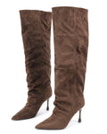 Brown pointed-toe slouch stiletto knee-high boots pair